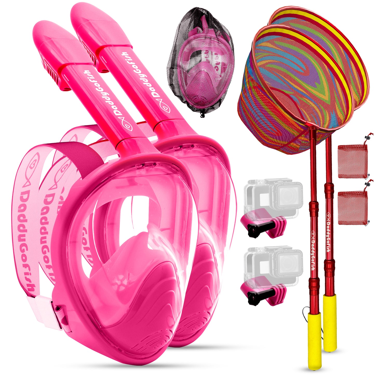 Kids Snorkel Mask | Snorkle Snorkeling Gear with Camera Mount | Extendable Telescopic Landing Fishing Net & Snorkeling Mask Combo Set Anti-Fog Anti-Leak