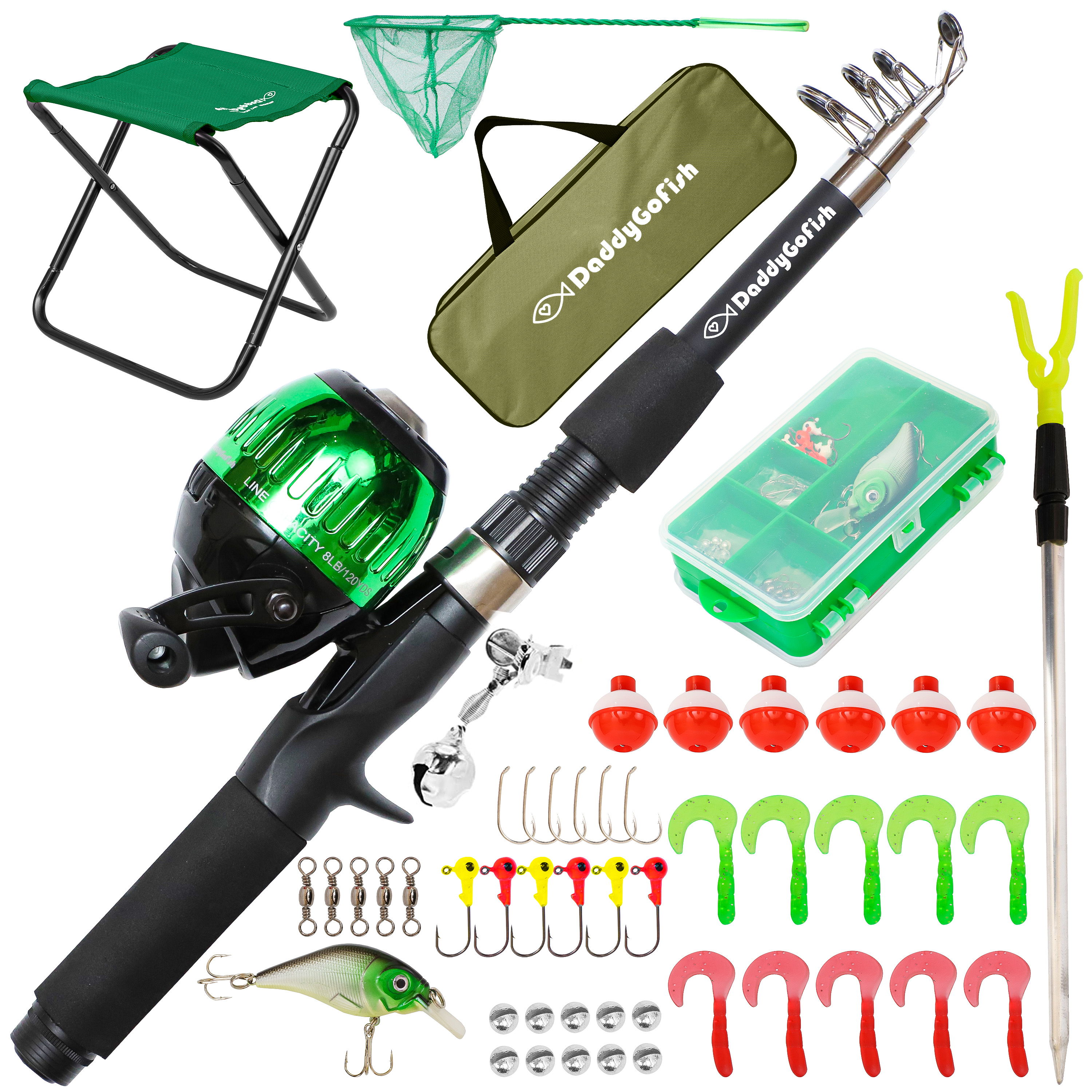 Daddygofish Kids Fishing Pole Telescopic Rod & Reel Combo Collapsible  Chair, Rod Holder, Tackle Box, Bait Net, Carry Bag -  Sweden