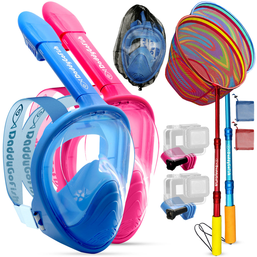 Kids Snorkel Mask | Snorkle Snorkeling Gear with Camera Mount | Extendable Telescopic Landing Fishing Net & Snorkeling Mask Combo Set Anti-Fog Anti-Leak