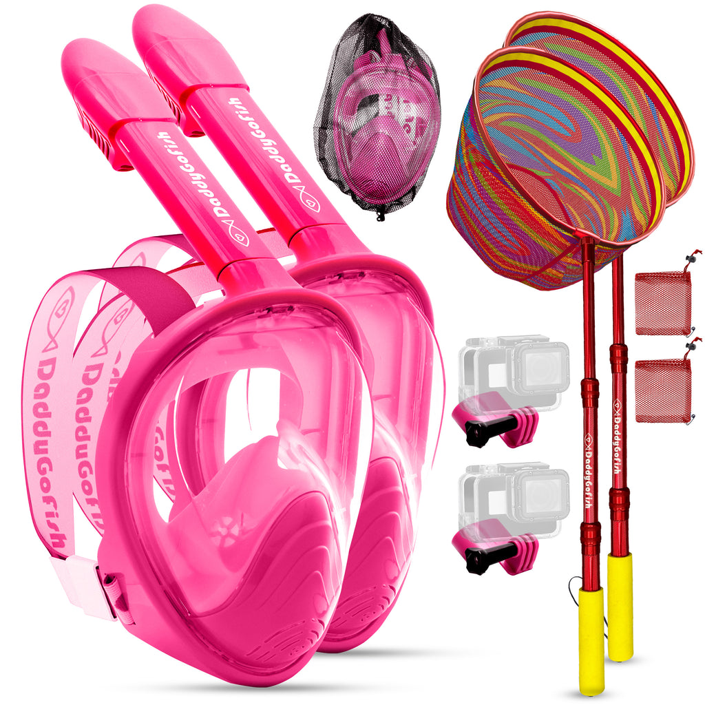 Kids Snorkel Mask | Snorkle Snorkeling Gear with Camera Mount | Extendable Telescopic Landing Fishing Net & Snorkeling Mask Combo Set Anti-Fog Anti-Leak