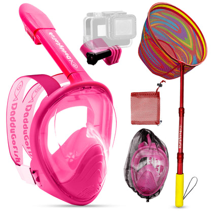 Kids Snorkel Mask | Snorkle Snorkeling Gear with Camera Mount | Extendable Telescopic Landing Fishing Net & Snorkeling Mask Combo Set Anti-Fog Anti-Leak