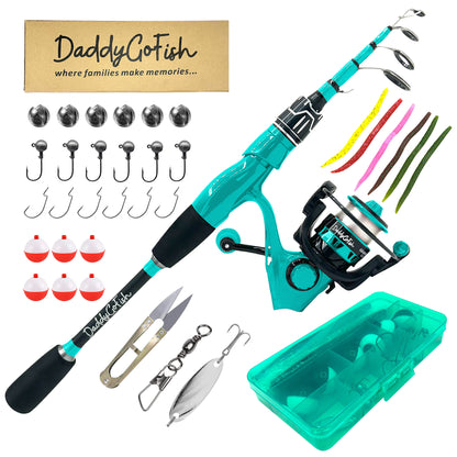 Kids Fishing Pole Set - Carbon Fiber Telescopic Rod and Spinning Reel Combo with Tackle Box | Travel Kit for Saltwater and Freshwater Fishing