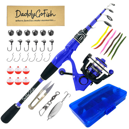 Kids Fishing Pole Set - Carbon Fiber Telescopic Rod and Spinning Reel Combo with Tackle Box | Travel Kit for Saltwater and Freshwater Fishing
