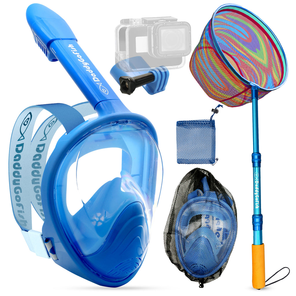 Kids Snorkel Mask | Snorkle Snorkeling Gear with Camera Mount | Extendable Telescopic Landing Fishing Net & Snorkeling Mask Combo Set Anti-Fog Anti-Leak