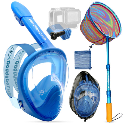 Kids Snorkel Mask | Snorkle Snorkeling Gear with Camera Mount | Extendable Telescopic Landing Fishing Net & Snorkeling Mask Combo Set Anti-Fog Anti-Leak
