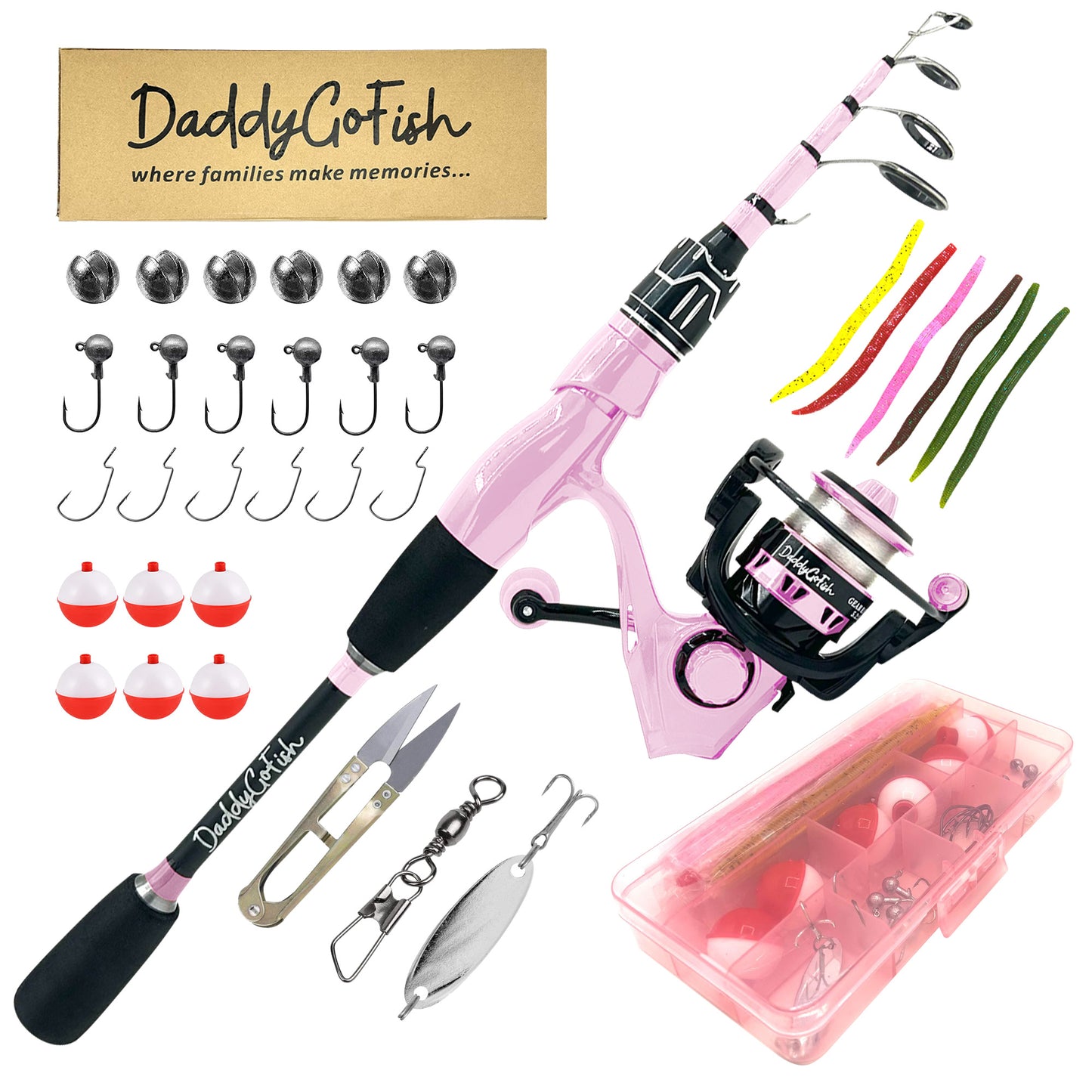 Kids Fishing Pole Set - Carbon Fiber Telescopic Rod and Spinning Reel Combo with Tackle Box | Travel Kit for Saltwater and Freshwater Fishing