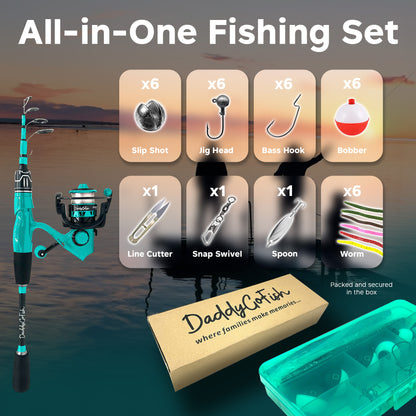 Kids Fishing Pole Set - Carbon Fiber Telescopic Rod and Spinning Reel Combo with Tackle Box | Travel Kit for Saltwater and Freshwater Fishing