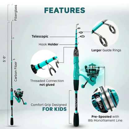 Kids Fishing Pole Set - Carbon Fiber Telescopic Rod and Spinning Reel Combo with Tackle Box | Travel Kit for Saltwater and Freshwater Fishing