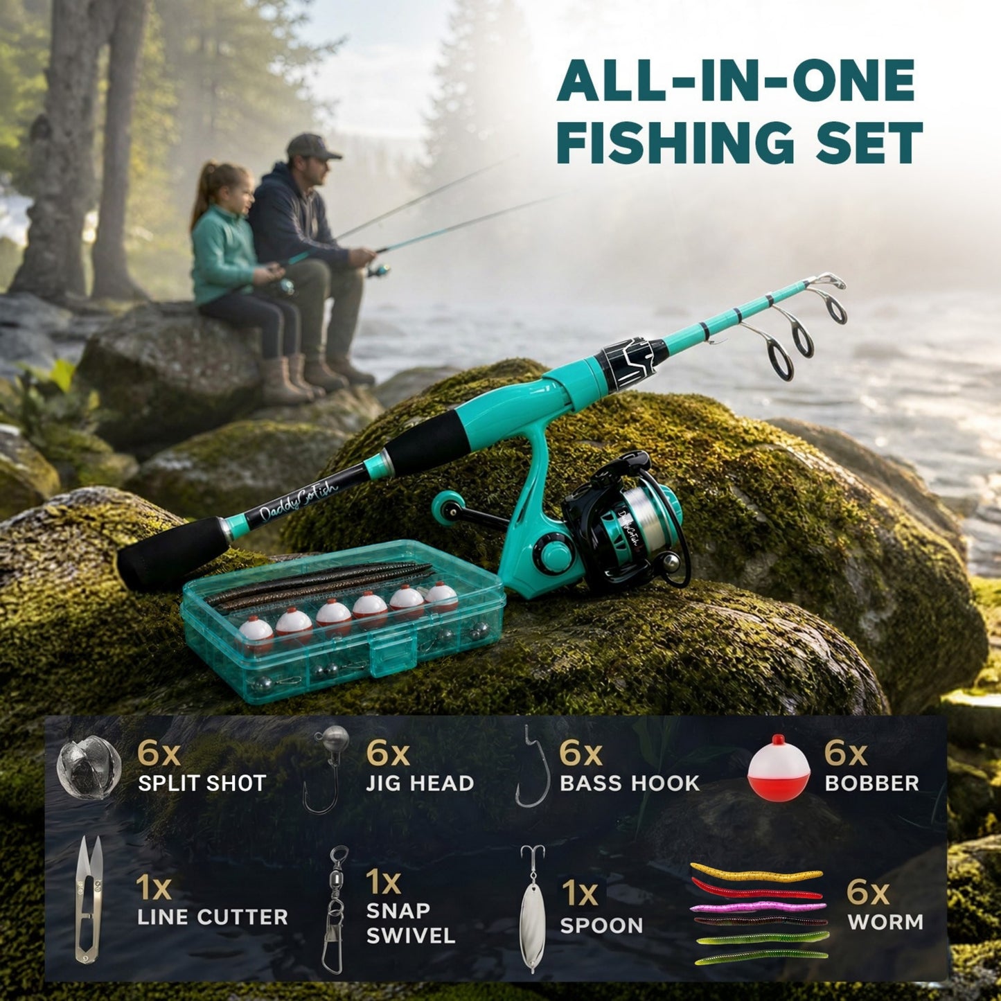 Kids Fishing Pole Set - Carbon Fiber Telescopic Rod and Spinning Reel Combo with Tackle Box | Travel Kit for Saltwater and Freshwater Fishing