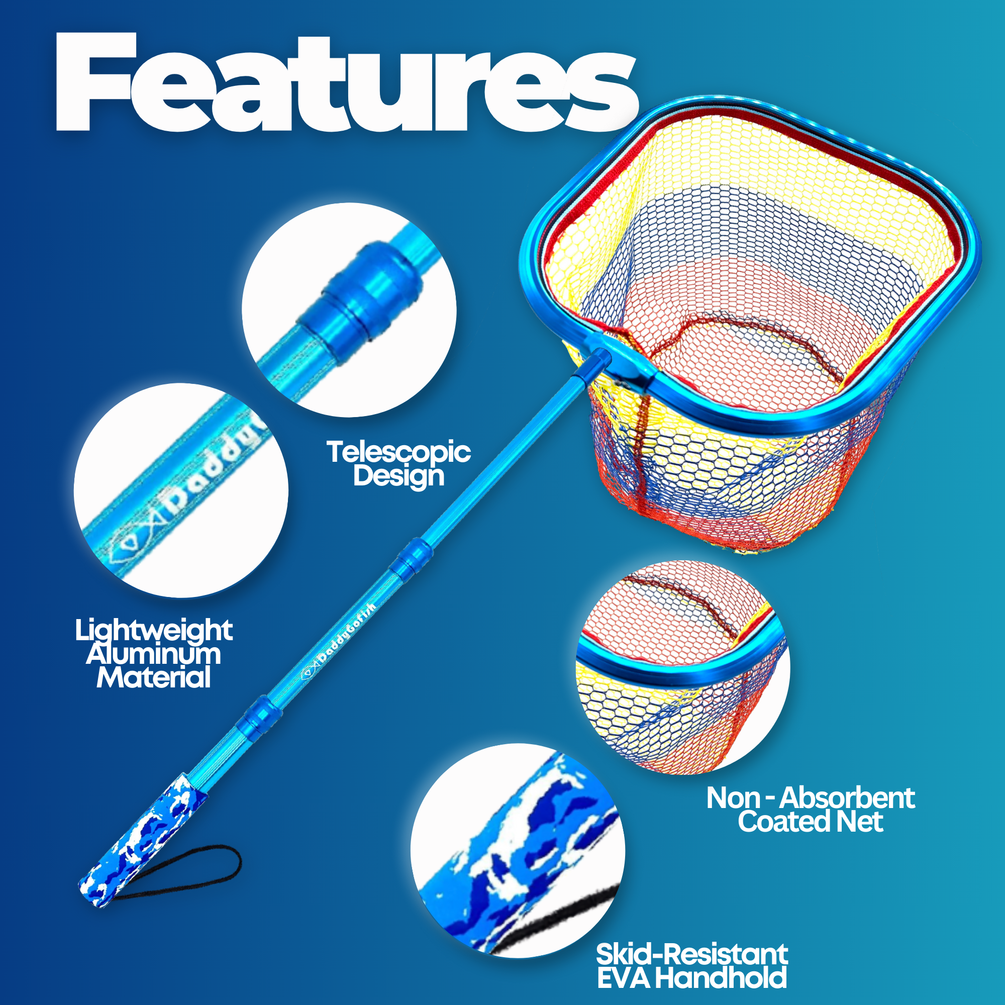 Kids Fishing Nets - Extendable Telescopic Fishing Net for Catching Fish Crab Shrimp Minnow and Dragonfly at Beach Pier Lake River and Ocean