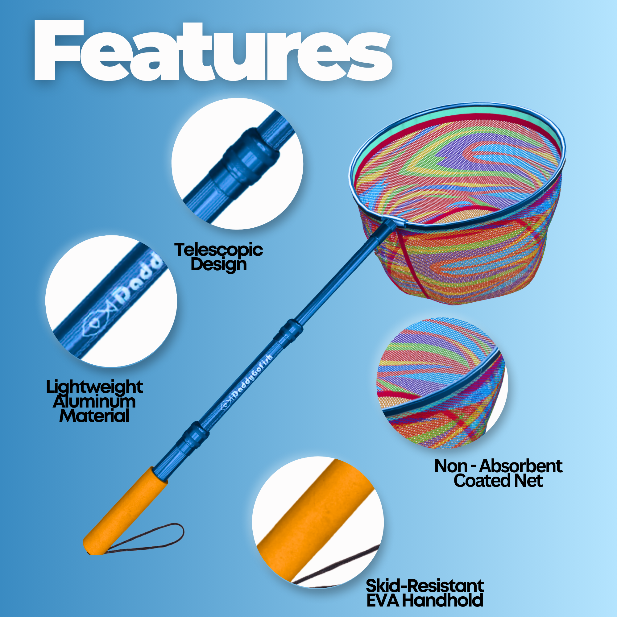 Kids Fishing Nets - Extendable Telescopic Landing Net for Catching Small Fish Crab Shrimp Minnow and Dragonfly at Beach Pier Lake River and Ocean